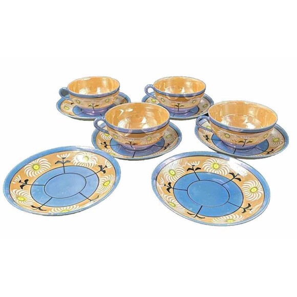 Vintage Japanese Lusterware 4 Teacups and 6 Saucers Set Iridescent Hand Painted - Picture 2 of 16